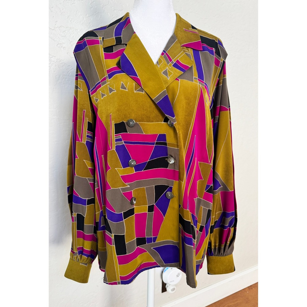 JAEGER Vintage Geometric Print Double Breasted Blouse Shirt Top 36 ( M/L) 80's